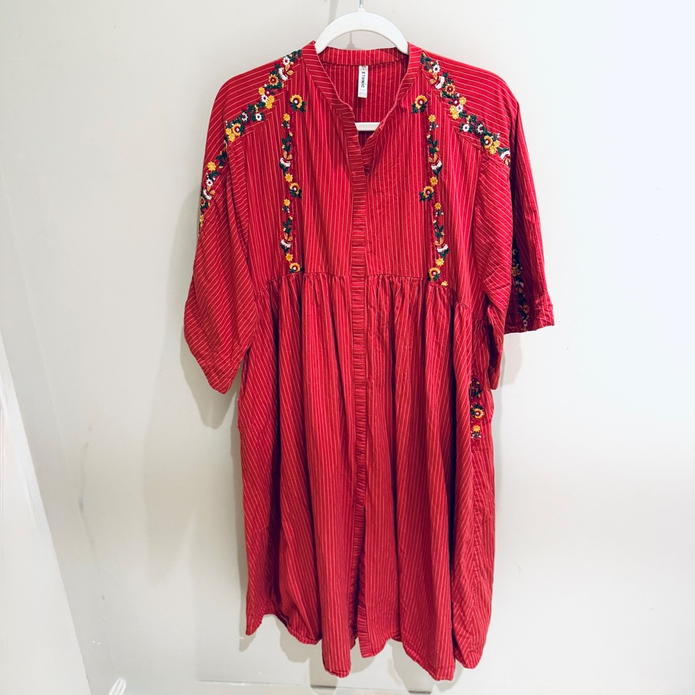 Ethnic Fuzion Embroidered Dress‎ Striped Cotton Casual Summer Dress Red Size L